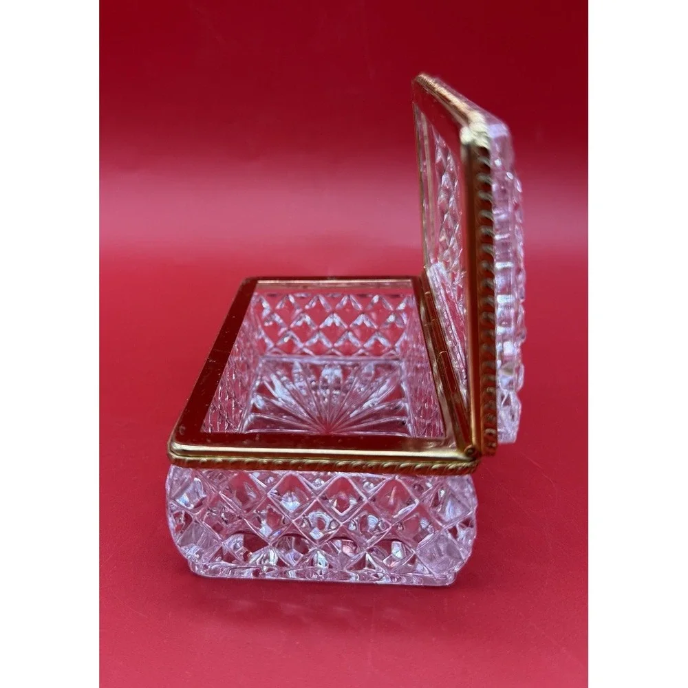 Baccarat StyleFrench Diamond Cut Crystal Jewelry Casket Brass Hinged Trinket Box